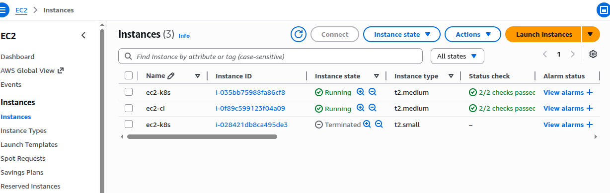 Figure 1 — Les deux instances EC2 (ec2-ci et ec2-k8s) actives sur AWS